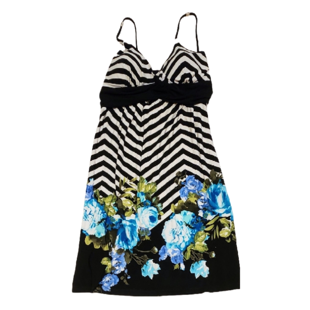Carole Little Black White Striped Short Dress with Blue Floral Design Size 10